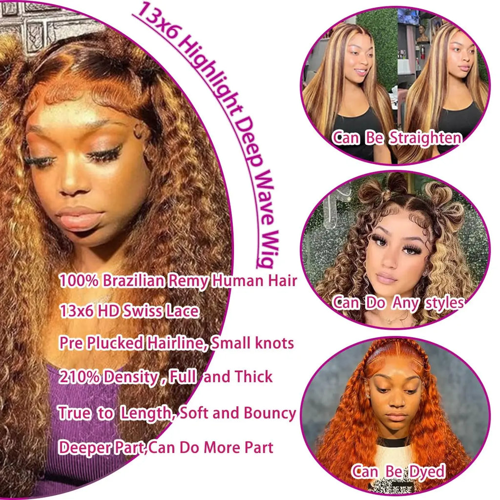 36 Inch Deep Wave P4/27 Highlight Ombre 13x6 13x4 HD Transparent Lace Front Wigs Curly Lace Frontal Wigs for Women Pre Plucked