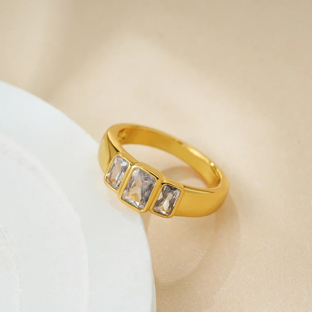 Stainless Steel Square Crystal Zircon Rings 18K Gold Plated Waterproof Simple CZ Finger Ring Wedding Jewelry Accessories Anillos