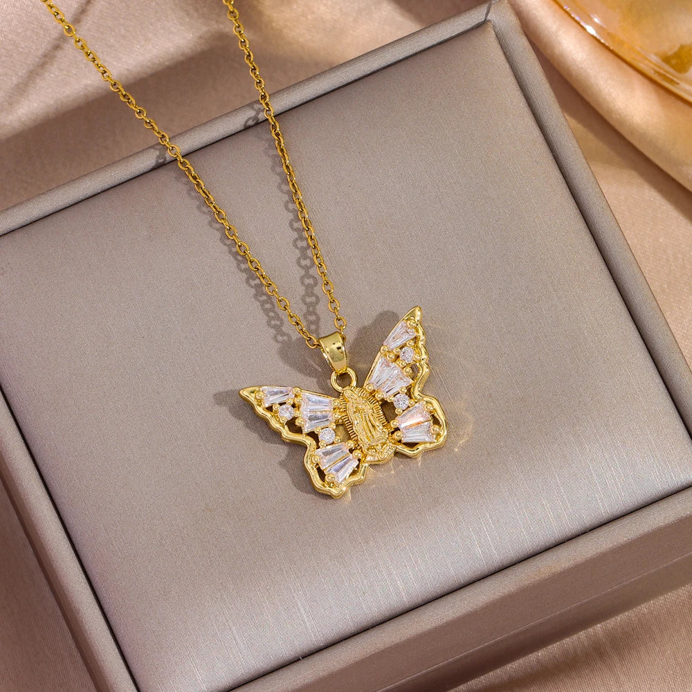 18K Gold Plated Virgin Mary Butterfly Pendant Necklaces For Women Female Daily Wear Stainless Steel Neck Chain Jewelry Ladies