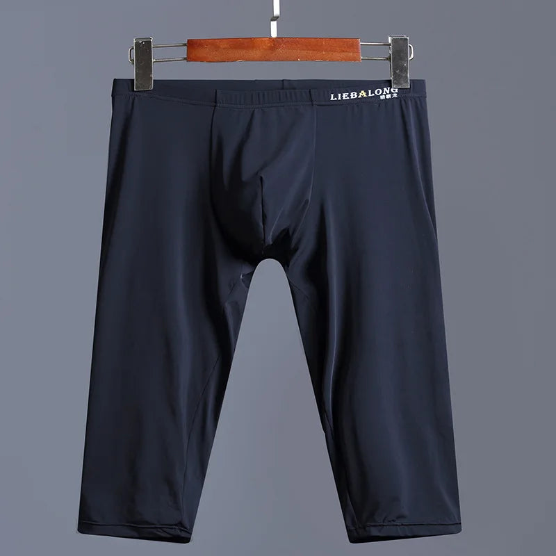 Ice Silk Long Underwear Men's Body Shaper Panties Sports Fitness Running Shorts Pants Extended Knee Length Boxershorts Stocking