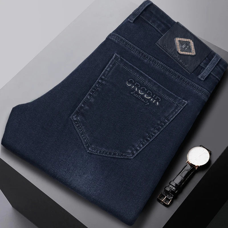 2024 Autumn Winter New High Elasticity Men's Business Jeans Haze Blue Black Gray Denim Trousers Men's Pants Work Clothes Brand
