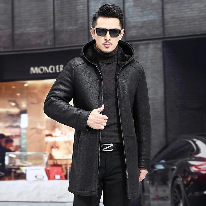 AYUNSUE High-end Real Wool Fur Coat Man Winter Hooded Luxury Natural Sheepskin Fur Jacket Mid-length Windbreaker Warm Fur Coats
