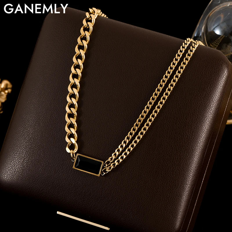 GANEMLY 316L Stainless Steel Black Crystal Necklace For Women Trendy Waterproof Neck Chain 18K Gold Plated Jewelry Femme Gift