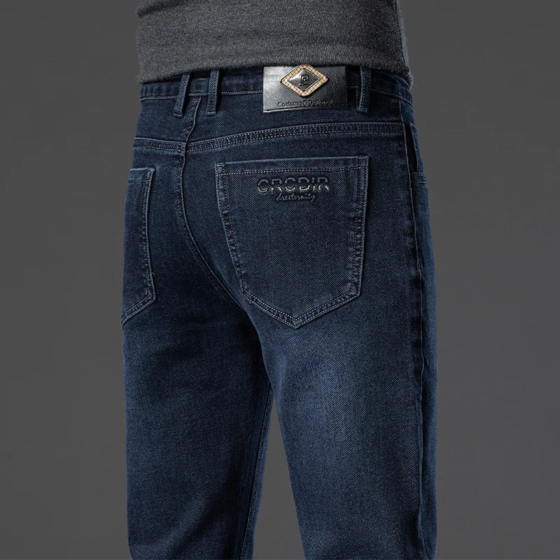 2024 Autumn Winter New High Elasticity Men's Business Jeans Haze Blue Black Gray Denim Trousers Men's Pants Work Clothes Brand
