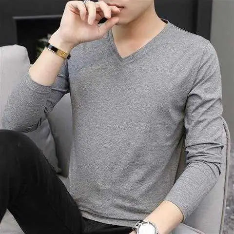Men's Autumn Winter Ice Silk Long Sleeve T-Shirt Pure Color V-Neck Undershirt White Clothes New Trendy Inner Top Bottoming Shirt