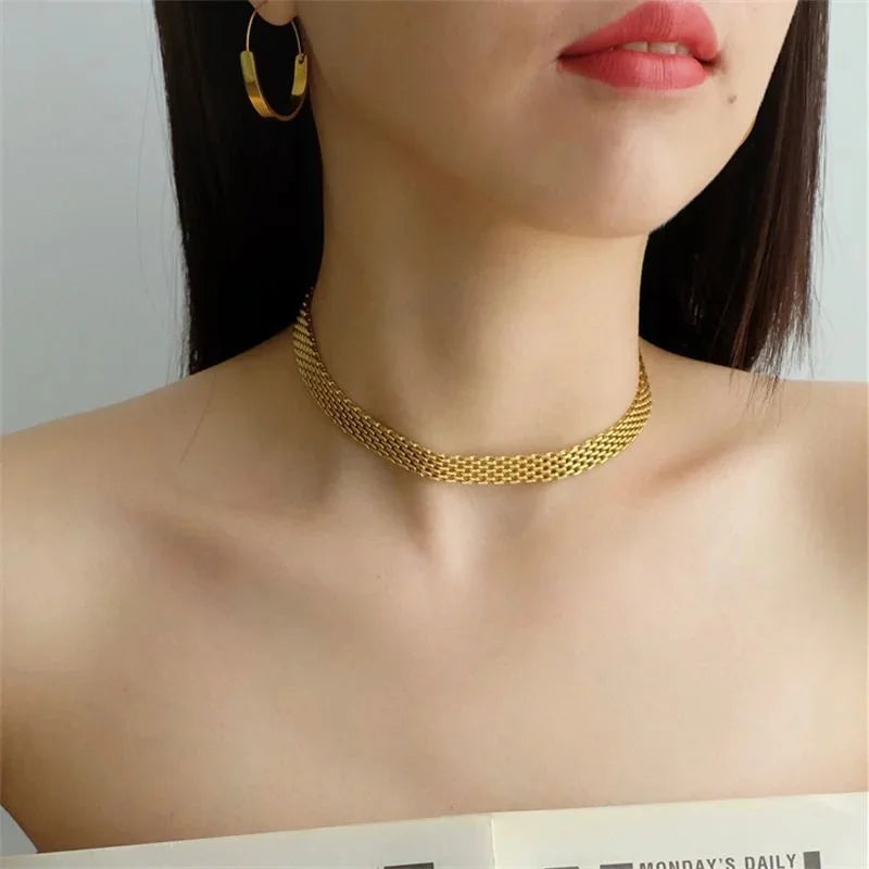 LUXUKISSKIDS Casual 8mm Width Weave Chain Necklace Gold Plated PVD Neck Chains Jewelry for Men/Woman Stainless Steel Accessories
