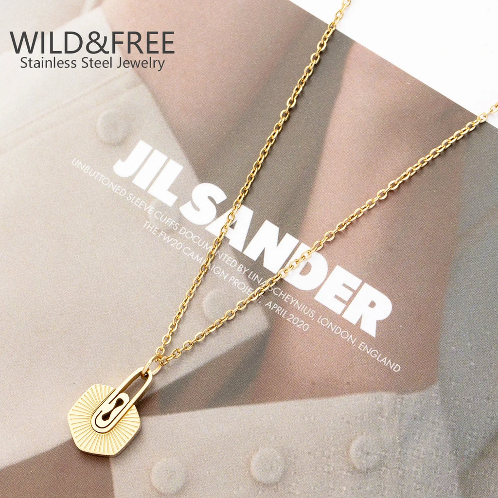 Wild & Free Exquisite Stainless Steel Necklace Real Gold Plated Radiation Texture Pendant for Women Trendy French Neck Chain