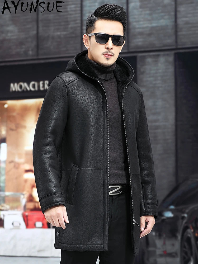AYUNSUE High-end Real Wool Fur Coat Man Winter Hooded Luxury Natural Sheepskin Fur Jacket Mid-length Windbreaker Warm Fur Coats