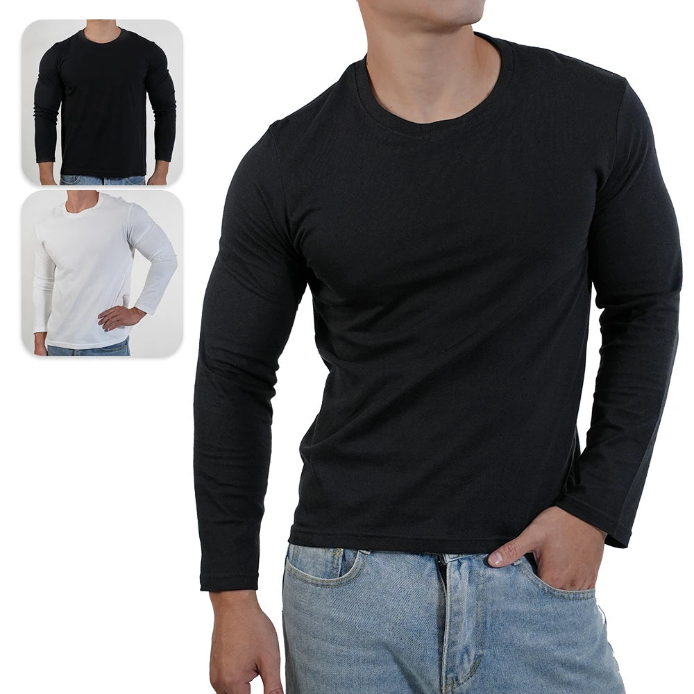 Black White Men's Long Sleeve T Shirt Crew Round Neck Casual Cotton Tops M-3XL Man Plus Size T-Shirt Clothes High Stretch