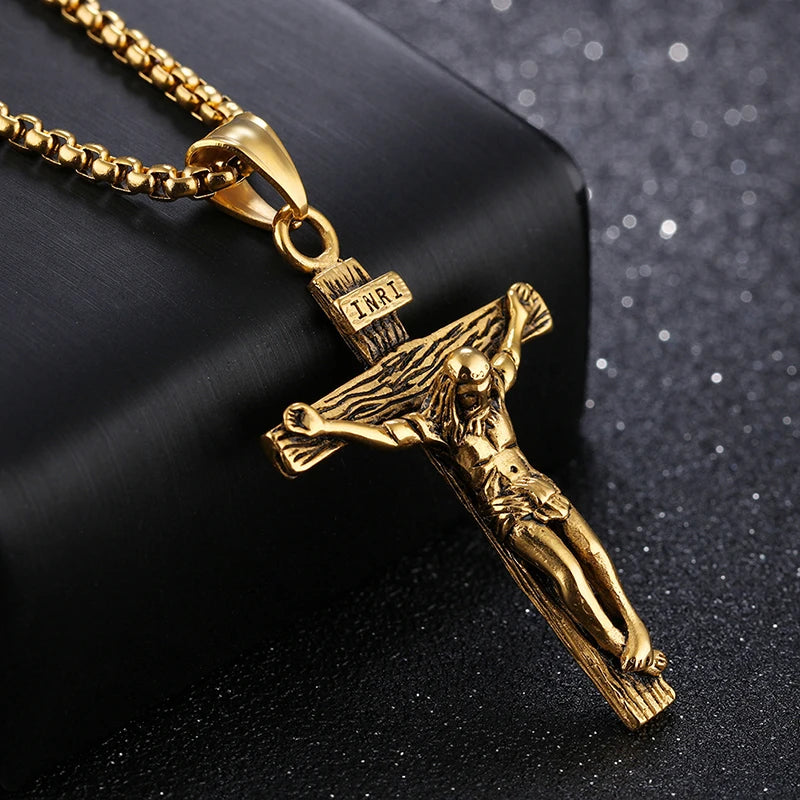 1P Fashion Crucifix Jesus Christ Men Jewelry Gold Brown Silver Color Metal Cross Pendant With Neck Chain Necklaces For Man Women