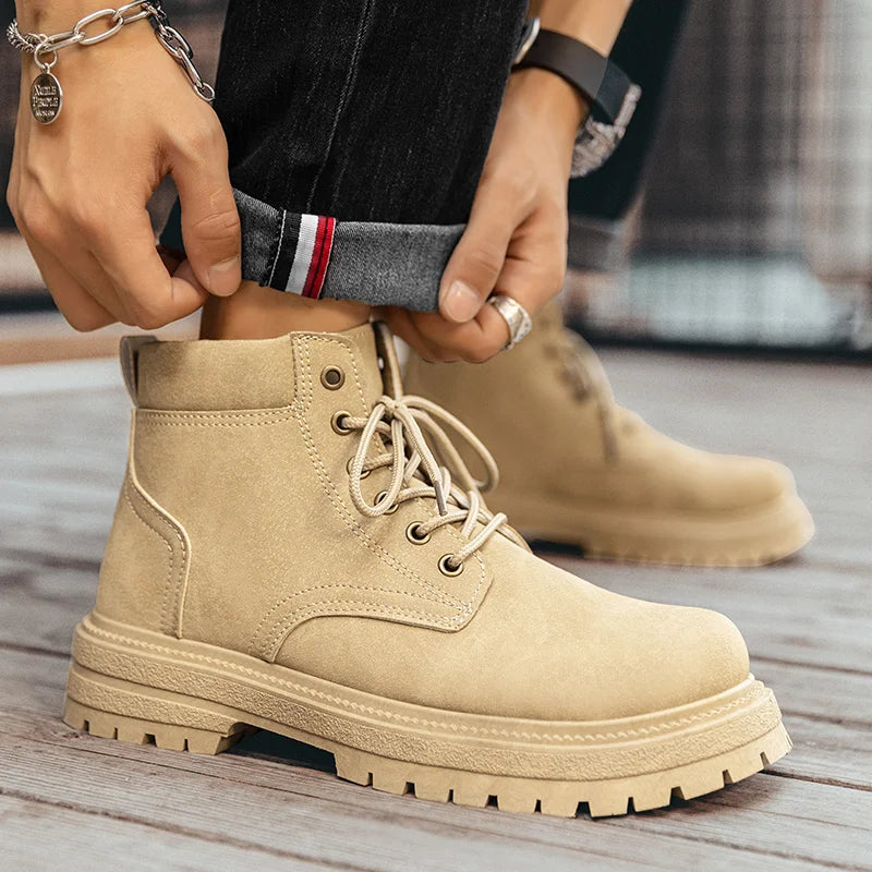 Classic Black Men's Motorcycle Shoes Autumn Winter Platform Leather Boots Man Outdoor Lace-Up Ankle Boots for Men Botas Hombre