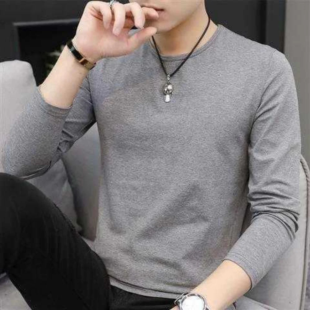 Men's Autumn Winter Ice Silk Long Sleeve T-Shirt Pure Color V-Neck Undershirt White Clothes New Trendy Inner Top Bottoming Shirt