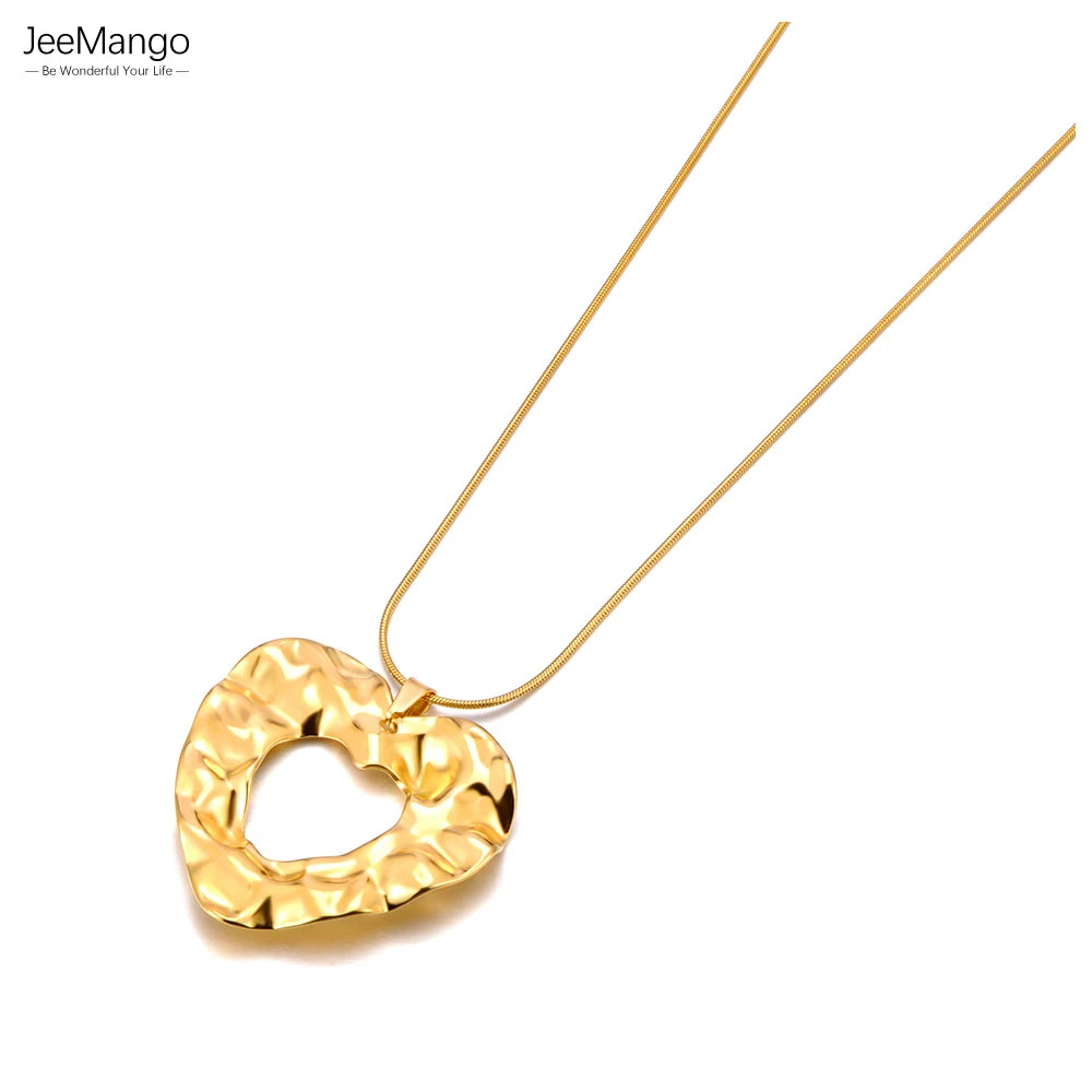 JeeMango Stainless Steel Handmade Cast Heart Pendant Necklace Gold Plated Waterproof Statement Neck Jewelry Bijoux Femme JN24074