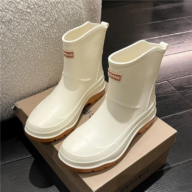 Fashion rain shoes women's winter cotton non-slip medium tube water boots short tube rain boots car wash kitchen rubber shoes