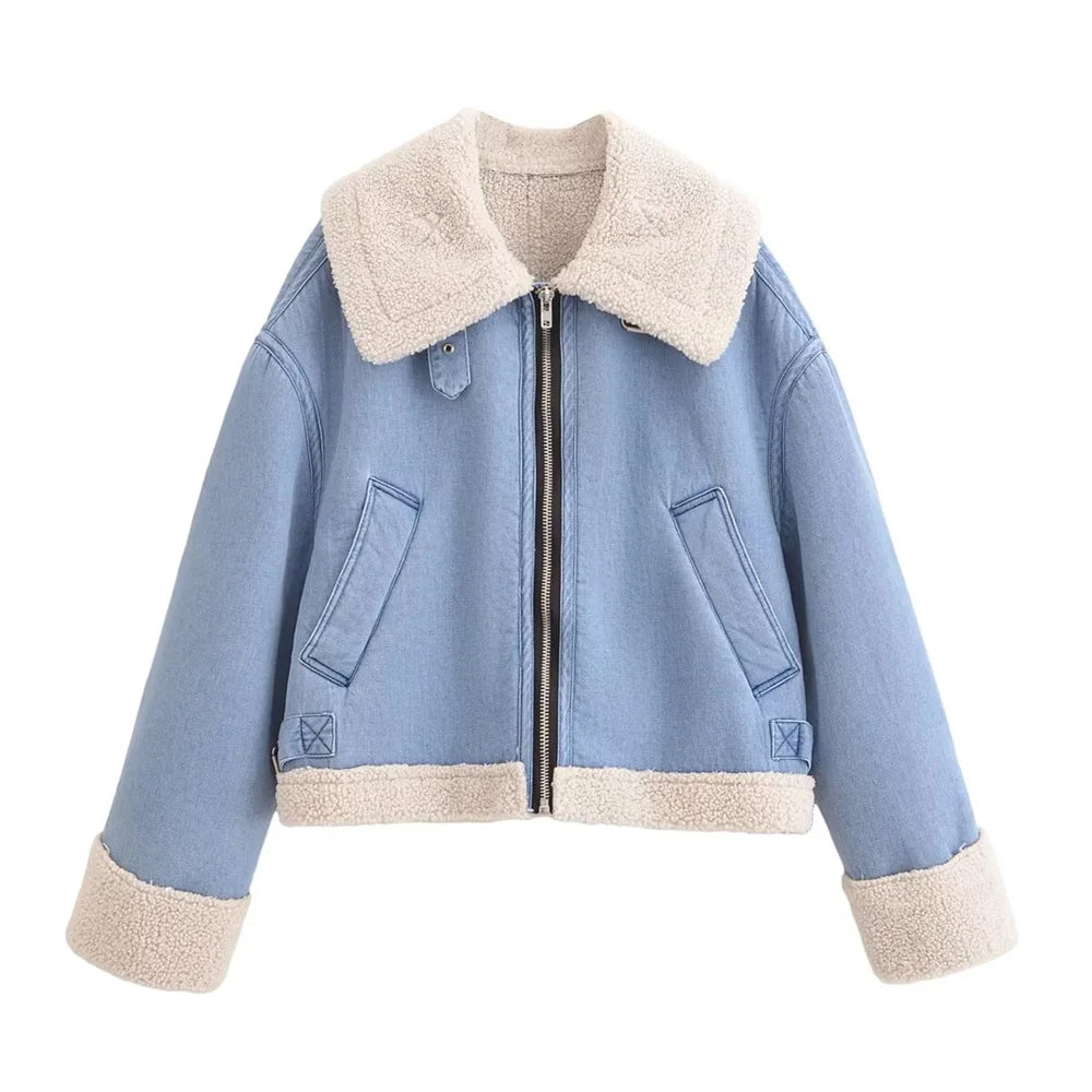 Retro short jacket for autumn and winter, loose and casual, fashionable with a lapel design and thick denim cotton jacket