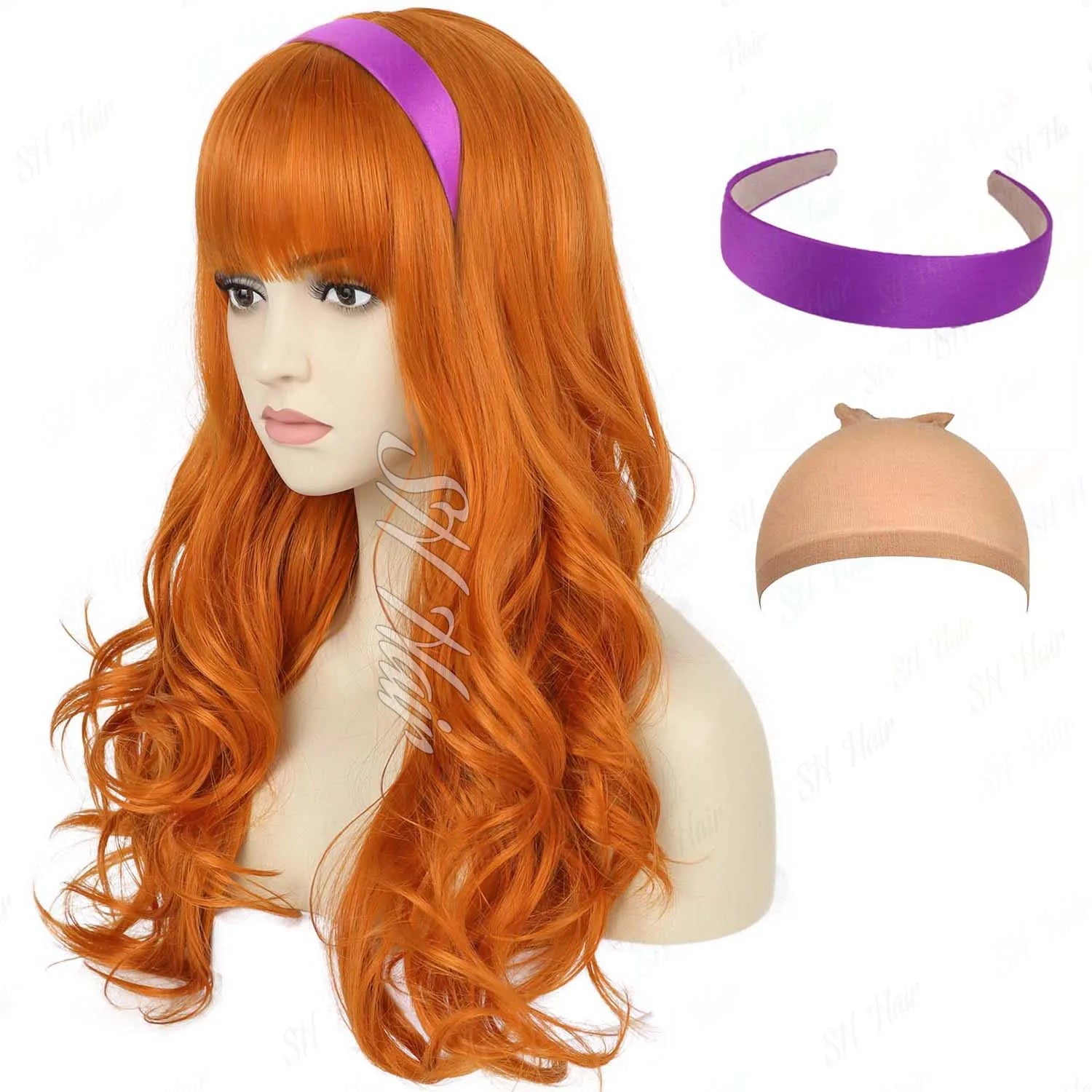 Synthetic Long Curly Orange Wig+Purple Headband Daphne Wig,Brown Wig with Bangs+Glasses+Magnifying Glass Velma Wig for Halloween