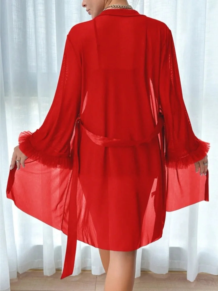 Women 3 Piece Red Sexy Lace Robe Sheer Temptation Lingerie Set Black Slip Dress With Gauze Coat and Belt Erotic Sleepwear Suit