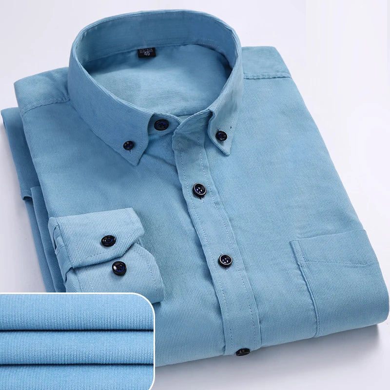 Men Casual Shirts Soft Leisure Solid Regular Fit Cotton Corduroy Long Sleeved Warm Man's Shirt New Easy Care  Oversized Clothes