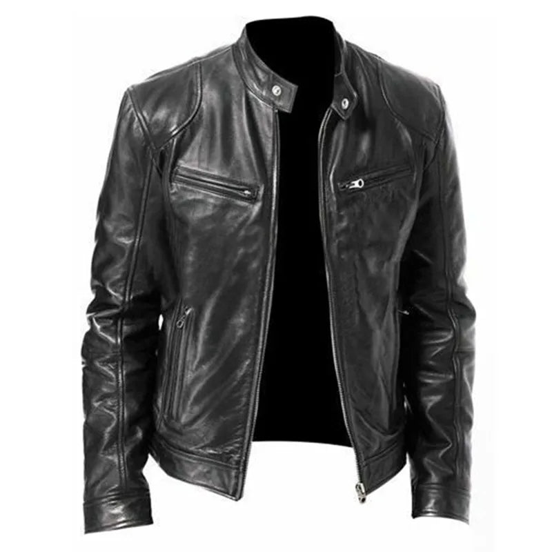 New Top Layer Vintage PU Leather Clothes Men's Stand Collar Motorcycle Clothes Youth Autumn and Winter Jacket Mens Biker Coat