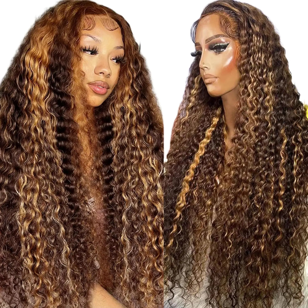 36 Inch Deep Wave P4/27 Highlight Ombre 13x6 13x4 HD Transparent Lace Front Wigs Curly Lace Frontal Wigs for Women Pre Plucked