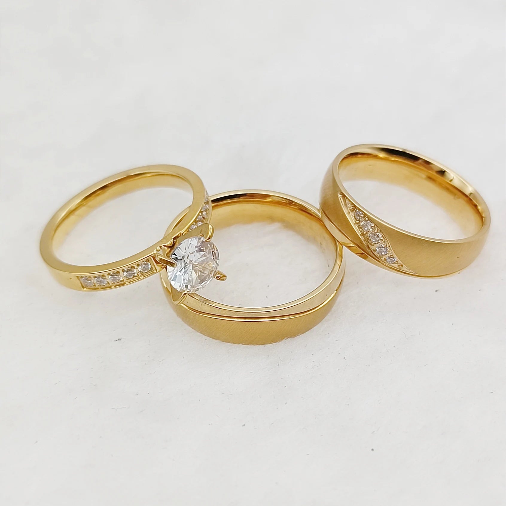 Couples Wedding Engagement Rings Set 3pcs Wholesale 18k Gold Plated Stainless SteeL Jewelry Finger Lovers Ringe with CZ Stones