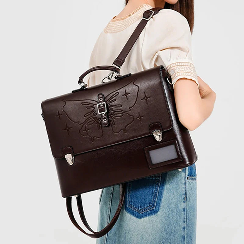 Genuine Leather Women Tote Bag College Style School Bag Vintage Women's Backpack 16 Inch Computer Cowhide Shoulder Bags 633