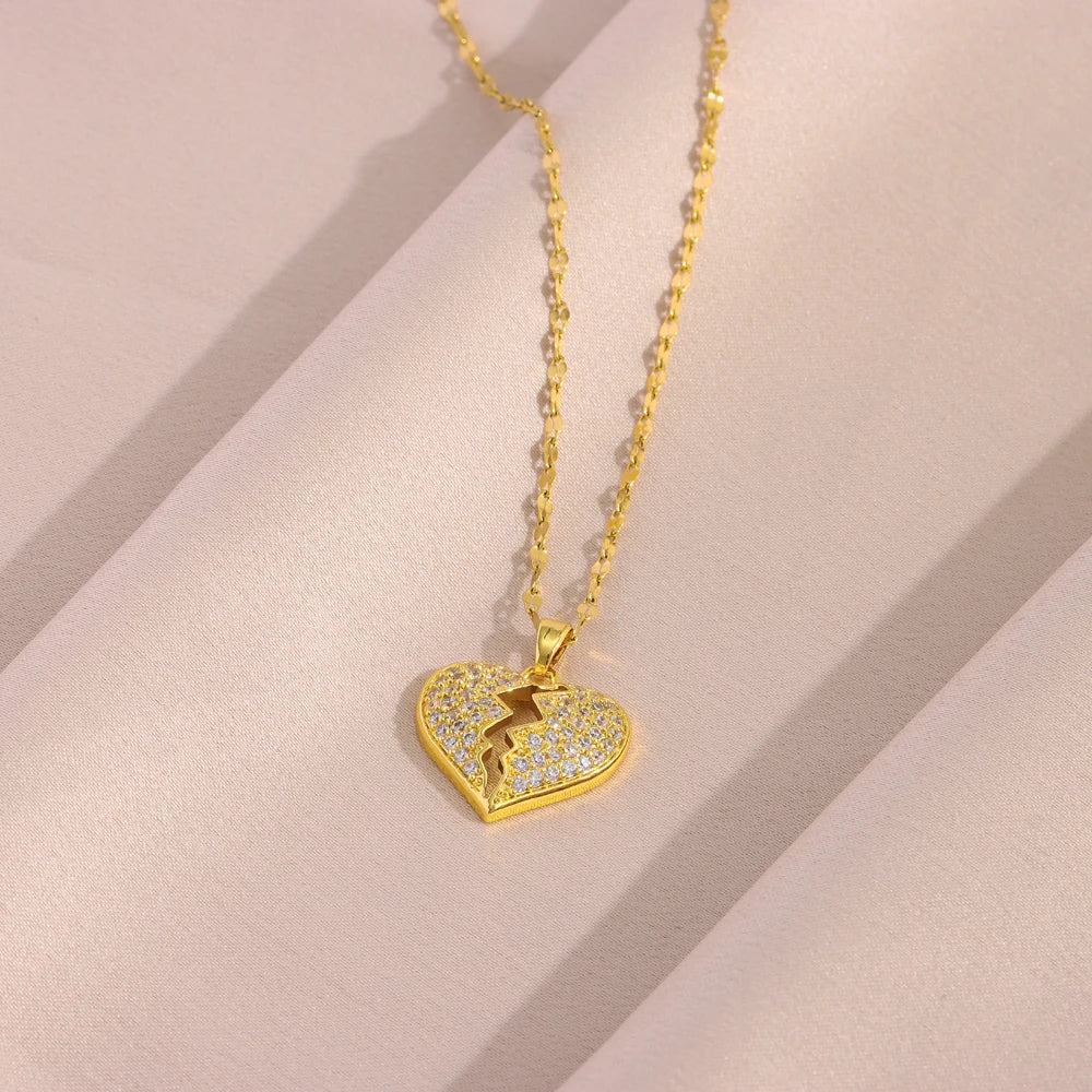 New Fashion 18K Gold Plated Broken Heart Pendant Necklaces For Women Trendy Female Stainless Steel Neck Chain Jewelry Wholesale