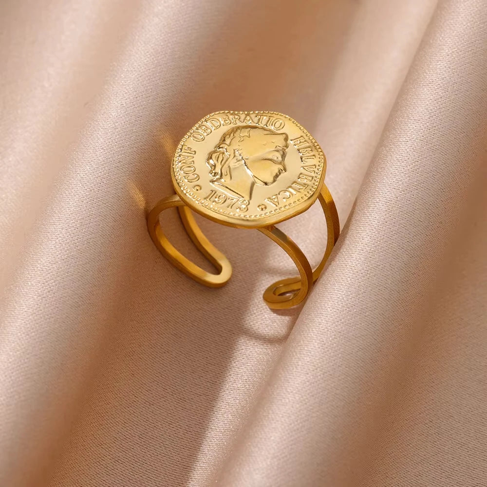 Vintage Stainless Steel Portrait Pearl Zircon Gold Plated  Rings For Women Luxury Coin Imitation Finger Ring Personality Jewelry