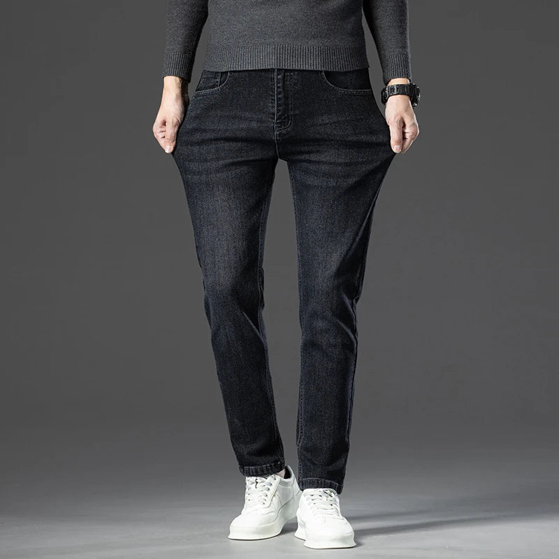 2024 Autumn Winter New High Elasticity Men's Business Jeans Haze Blue Black Gray Denim Trousers Men's Pants Work Clothes Brand