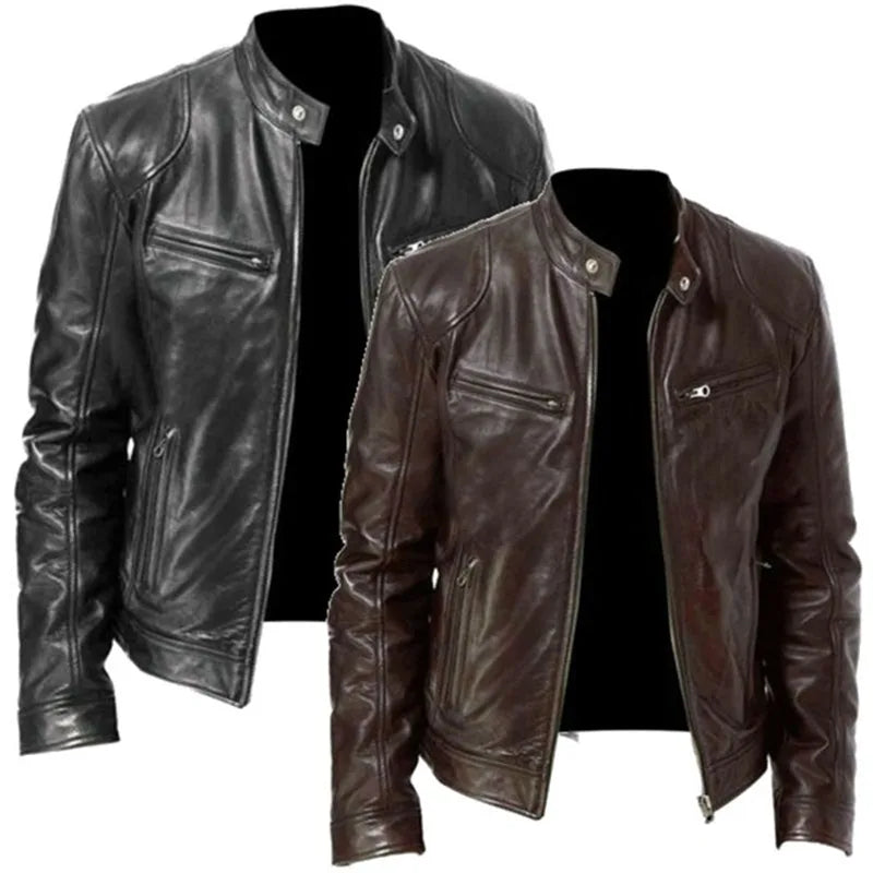 New Top Layer Vintage PU Leather Clothes Men's Stand Collar Motorcycle Clothes Youth Autumn and Winter Jacket Mens Biker Coat