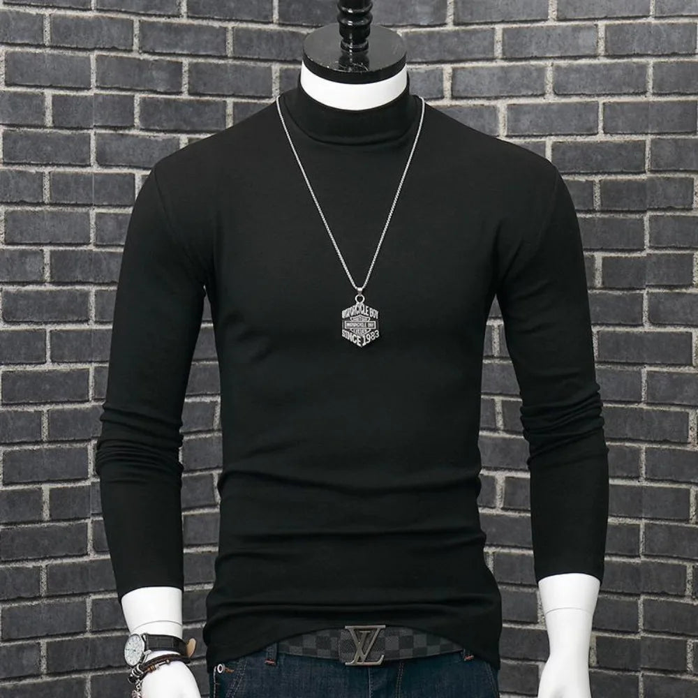 Fashion Men's Autumn Winter T-Shirt Casual Turtleneck High Collar Long Sleeves Solid Color Slim Top Clothes Outerwear Undershirt