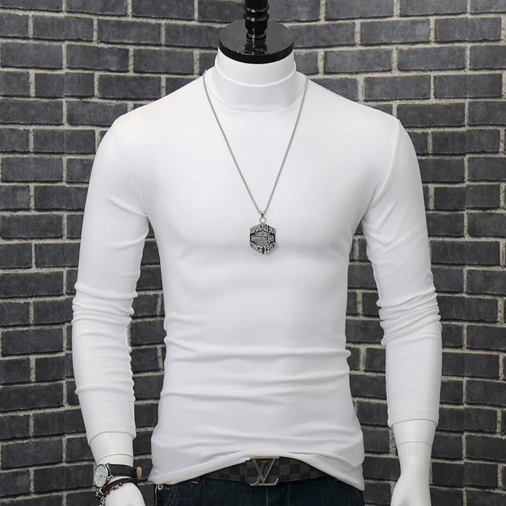 Fashion Men's Autumn Winter T-Shirt Casual Turtleneck High Collar Long Sleeves Solid Color Slim Top Clothes Outerwear Undershirt