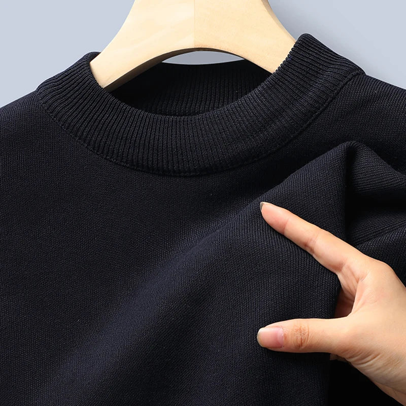 Sweater Men Autumn Winter Jumper Fleece Thickened New Korean Knitwear O-neck Solid White Black Cold Blouse Bottom Shirt Clothes