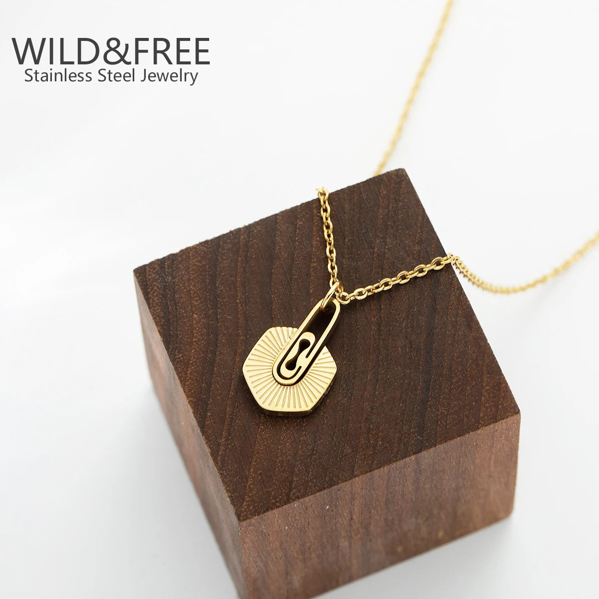Wild & Free Exquisite Stainless Steel Necklace Real Gold Plated Radiation Texture Pendant for Women Trendy French Neck Chain