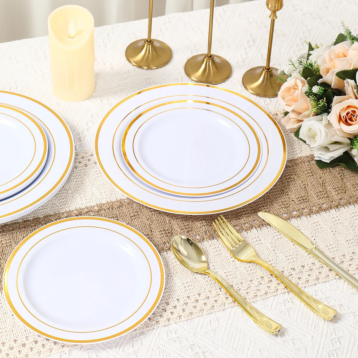 50Pieces White Gold Plastic Tableware Set  for Birthday Party, Baby Shower, Wedding Party Supplies