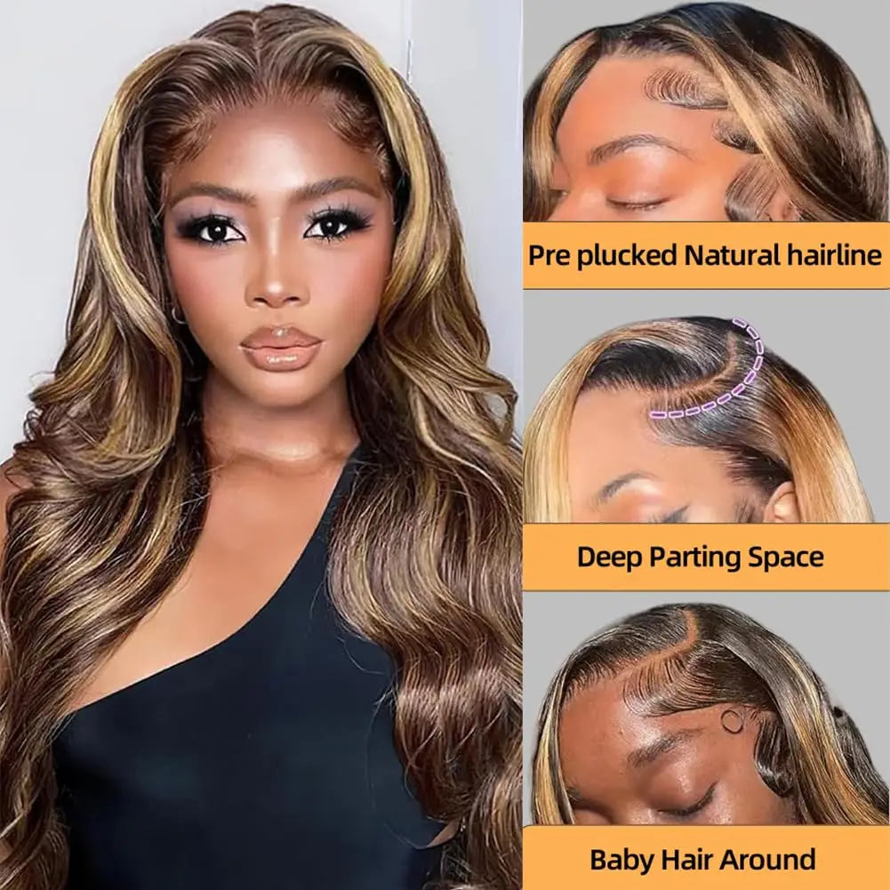 Highlight Wig Human Hair Body Wave Lace Frontal Wigs Colored 13x4 Lace Frontal Wig P4/27 Ombre Honey Blond Lace Front Human Hair