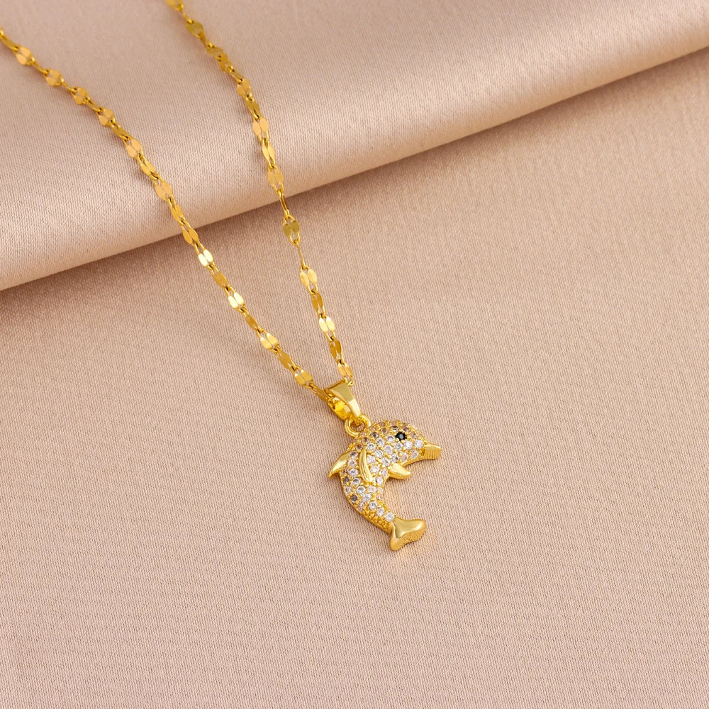 New In Sweet Cute Zircon Crystal Dolphin Pendant Necklaces For Women Trendy 18K Gold Plated Stainless Steel Neck Chain Jewelry