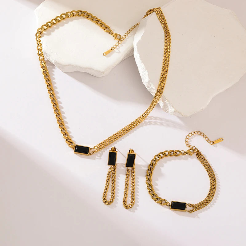 GANEMLY 316L Stainless Steel Black Crystal Necklace For Women Trendy Waterproof Neck Chain 18K Gold Plated Jewelry Femme Gift