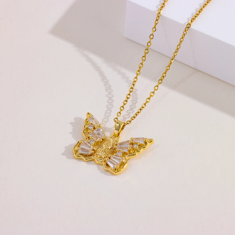 18K Gold Plated Virgin Mary Butterfly Pendant Necklaces For Women Female Daily Wear Stainless Steel Neck Chain Jewelry Ladies