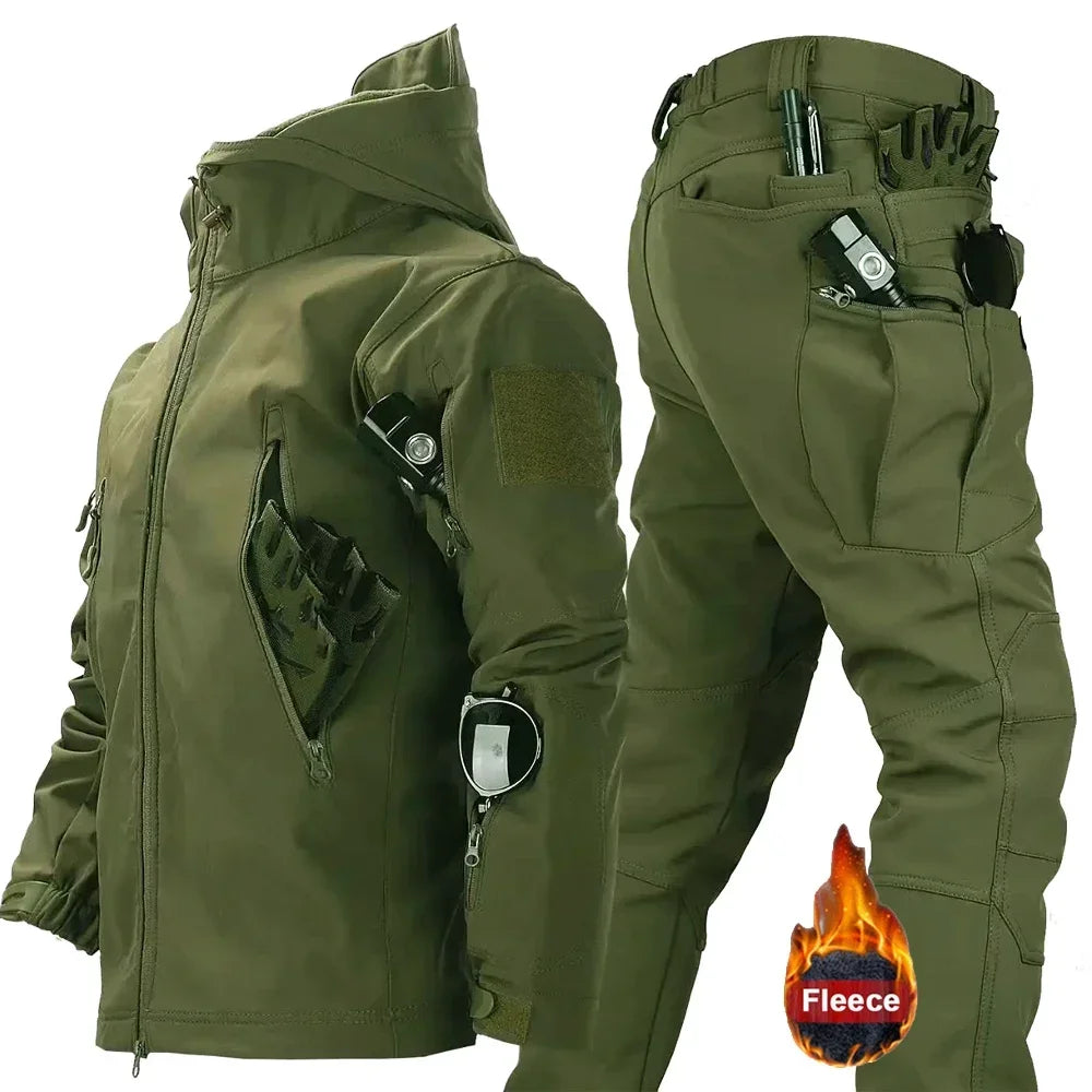 New Suits for Men Winter Tactical Sets Shark Skin Biker Jacket Hoodie Pants 2 Piece Set Waterproof Workwear Clothes Pockets