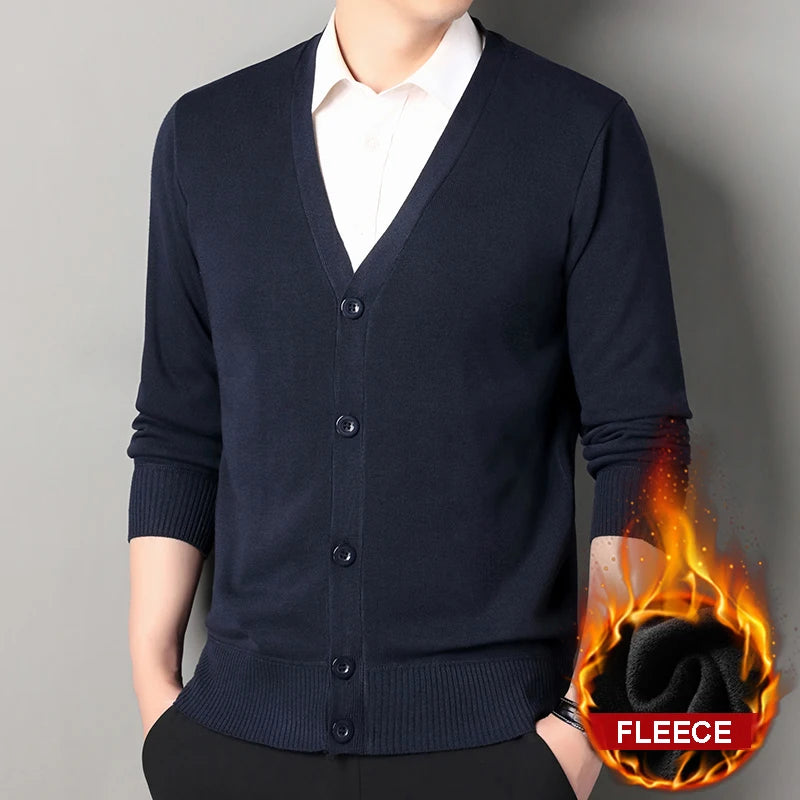 Mens Autumn Clothes Fleece Cardigan Jacket Knitted Sweater Outwear V-neck Fashion Cardigans Warm Men's Top