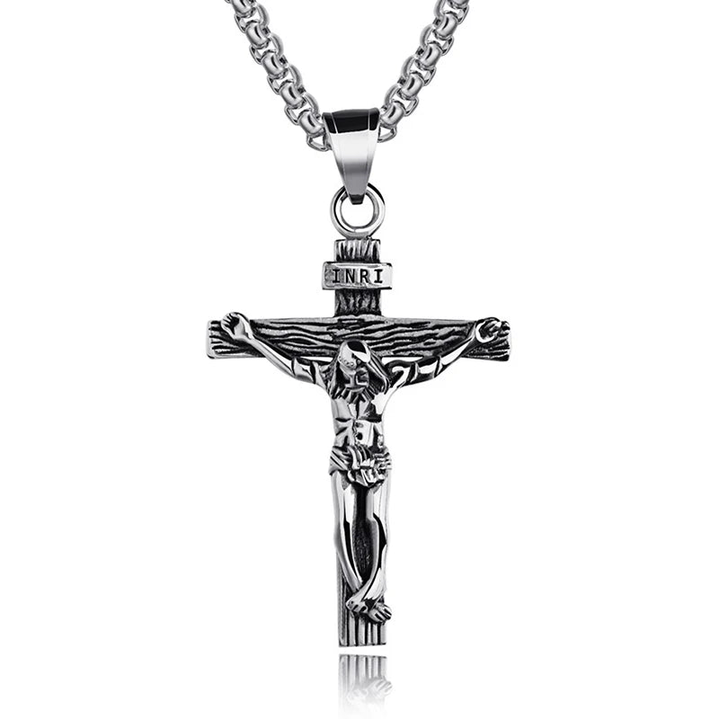 1P Fashion Crucifix Jesus Christ Men Jewelry Gold Brown Silver Color Metal Cross Pendant With Neck Chain Necklaces For Man Women