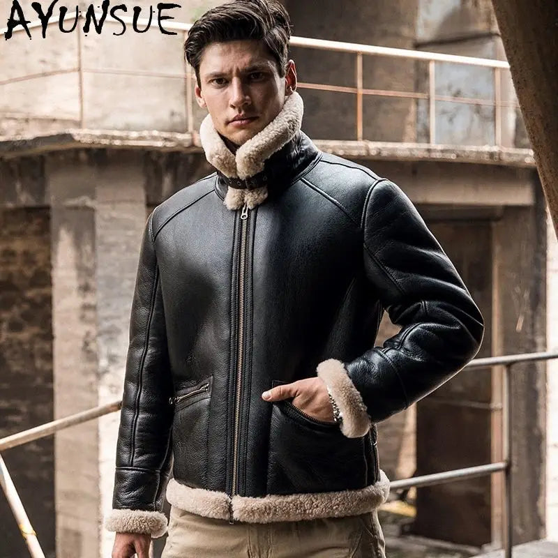 AYUNSUE Natural Sheepskin Wool Coat 25 Winter Jacket Mens Fur Jackets Coats Motocycle& Biker Genuine Leather Jacket Men Clothes