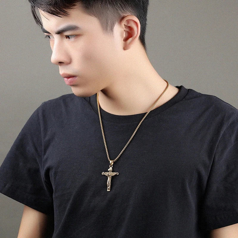 1P Fashion Crucifix Jesus Christ Men Jewelry Gold Brown Silver Color Metal Cross Pendant With Neck Chain Necklaces For Man Women