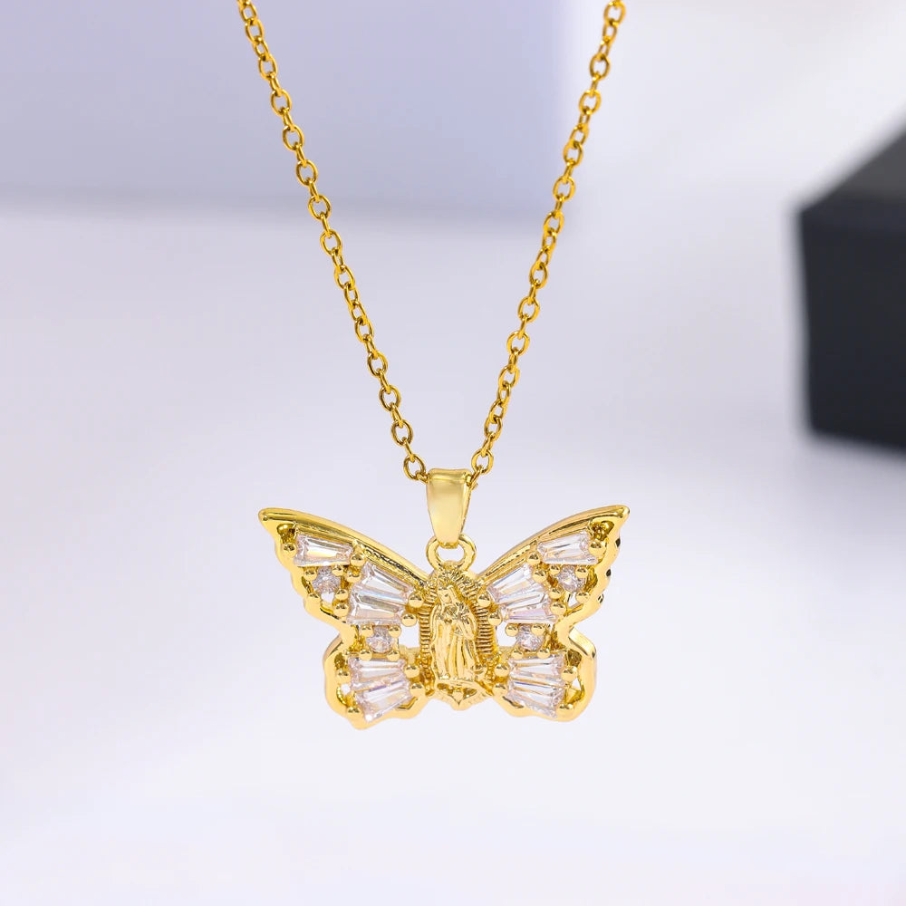 18K Gold Plated Virgin Mary Butterfly Pendant Necklaces For Women Female Daily Wear Stainless Steel Neck Chain Jewelry Ladies