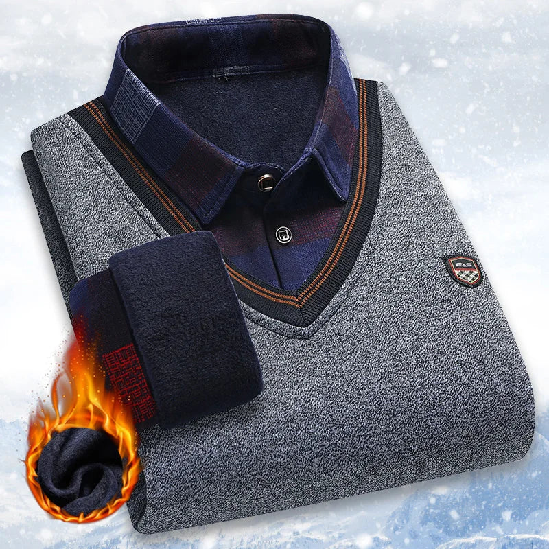 Men's Plush Sweater Autumn Winter Fake Two Piece Pullover Polo Shirt Collar Fleece Thick Warm Top Clothes Casual Jumpers