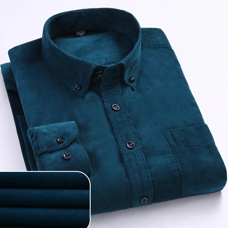 Men Casual Shirts Soft Leisure Solid Regular Fit Cotton Corduroy Long Sleeved Warm Man's Shirt New Easy Care  Oversized Clothes