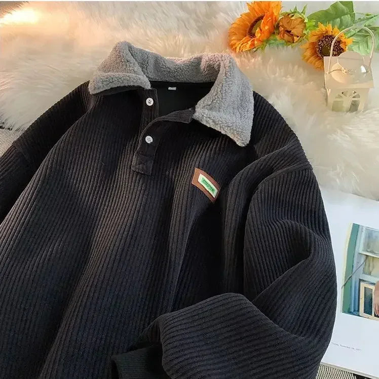 New Vintage Brown Corduroy POLO Collar Oversized Sweatshirt  Streetwear Loose Pullover Thick Velvet Winter Clothes Couples