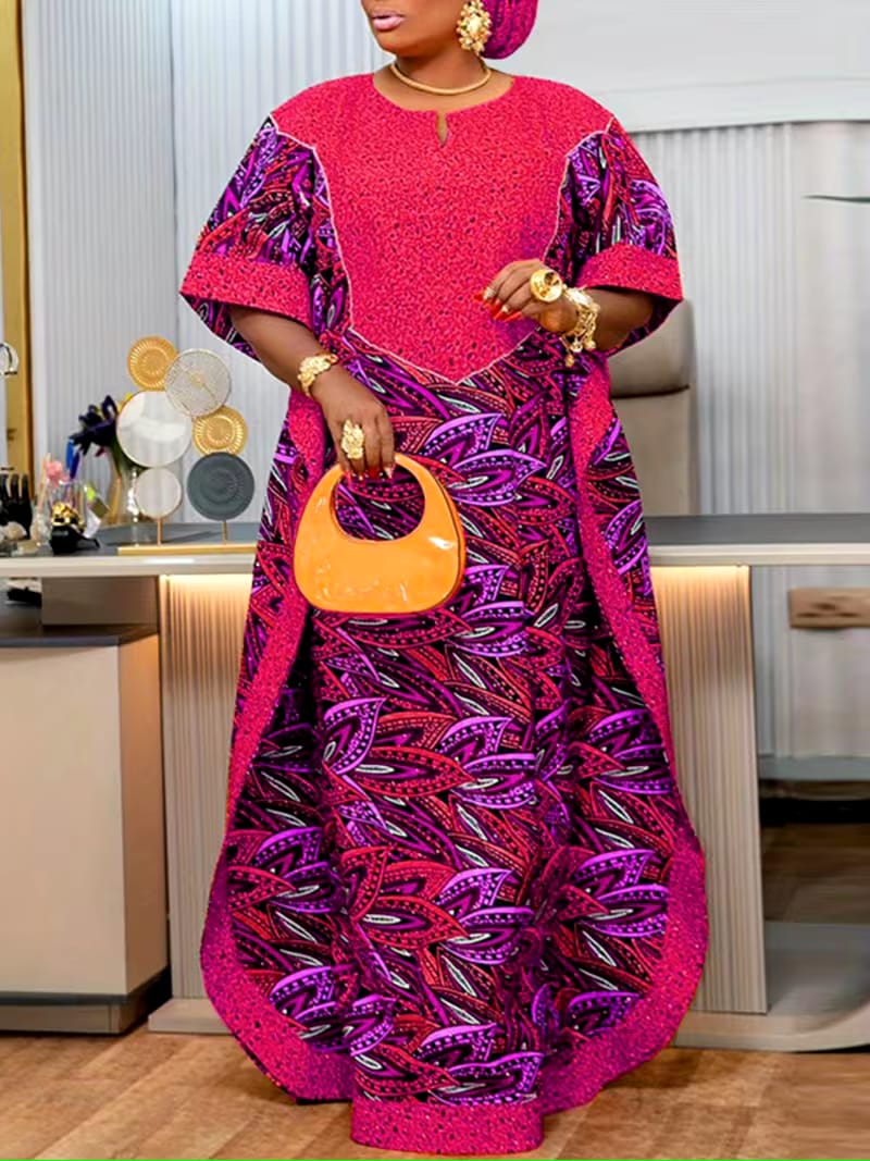 VONDA Plus Size Women's Vintage Print Maxi Dress-Batwing Half Sleeve V-Neck Patchwork Design, Loose