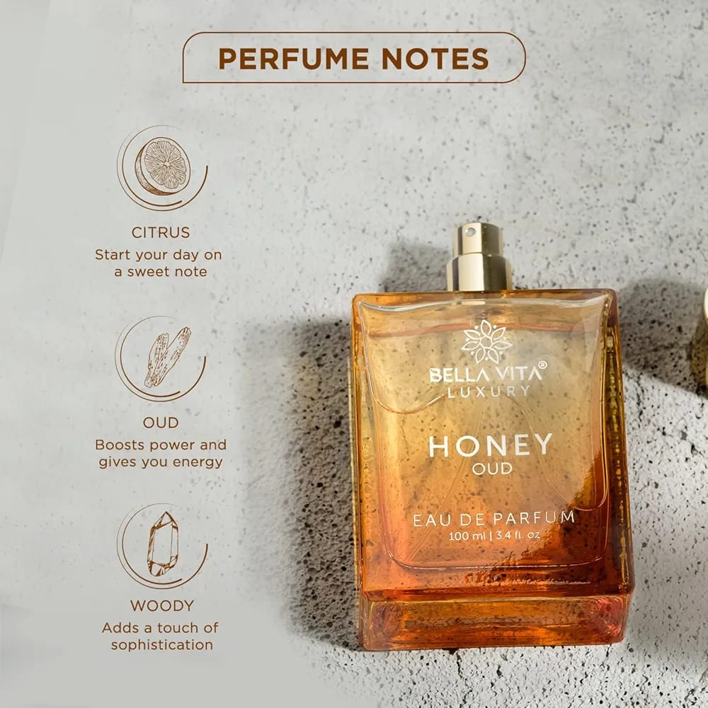 Bella Vita Luxury Honey oud. The perfume is Unisex perfume for men and women with Patchouli, Vanilla, Bergamot, Floral, Spicy EDP Fragrance Scent, 100Ml...